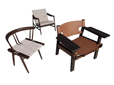Three Different Style Leisure Chairs With Wooden Frames Woven Fabric And Leather Seats 3d model