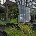 Modern Luxury Sales Office Lounge With Sofas Floor to Ceiling Windows Rockery and Greenery