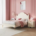Elegant Double Bed with White Headboard Gold Legs and Pink Blanket in Pink Wall Background