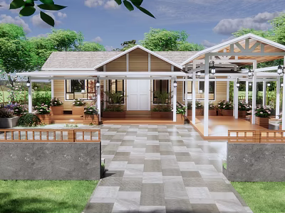 Rustic Wooden Cottage With Gray Roof Green Plants Stone Tile Courtyard And Pergola 3d model