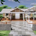 Rustic Wooden Cottage With Gray Roof Green Plants Stone Tile Courtyard And Pergola