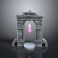Stone Archway Structure With Floating Pink Crystal And Carved Star Details