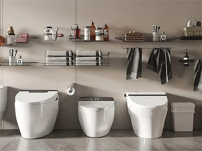 Modern Bathroom Interior With Multiple Toilets Wall Shelves Towels And Organized Storage 3d model