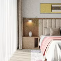 Modern Bedroom Interior With Upholstered Headboard Bedside Lamps Wall Art And Wooden Panel Decor