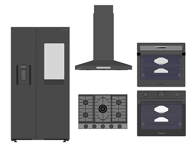 Modern Kitchen Appliances Featuring Refrigerator Range Hood Gas Stove And Oven 3d model