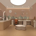 Pink Themed Baby Care Room With Round Mirrors Cartoon Decor And Changing Station