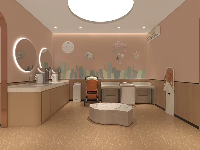 Pink Themed Baby Care Room With Round Mirrors Cartoon Decor And Changing Station 3d model