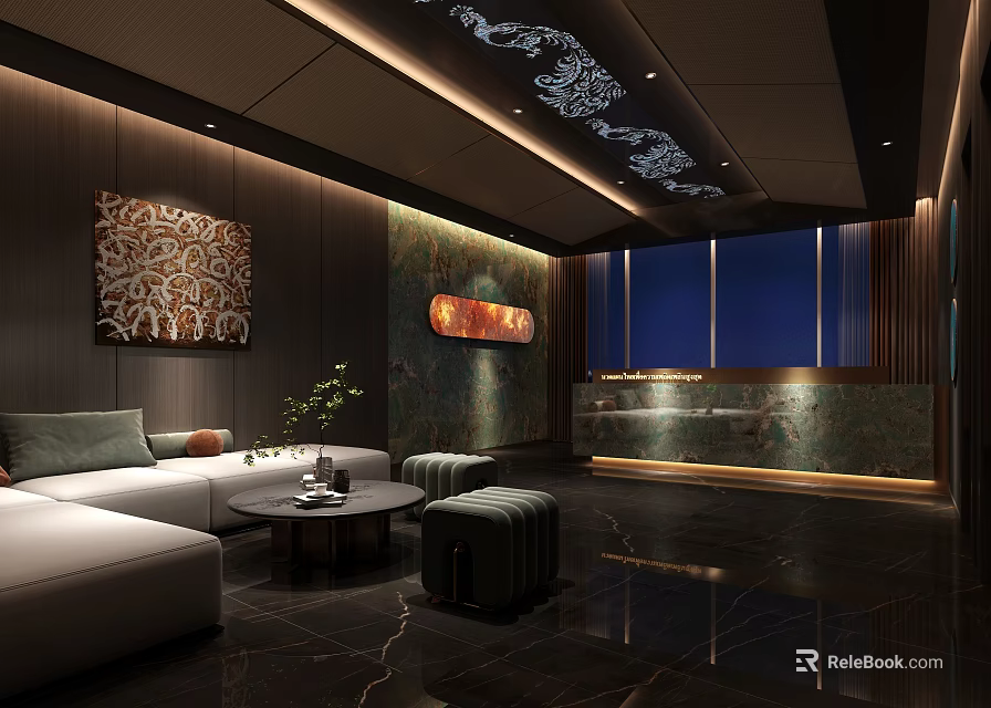 Modern SPA Sauna Interior With Wooden Walls Decorative Painting Sofa And Floor to Ceiling Windows 3d model 