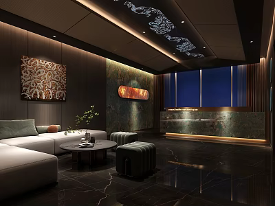 Modern SPA Sauna Interior With Wooden Walls Decorative Painting Sofa And Floor to Ceiling Windows 3d model