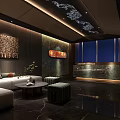 Modern SPA Sauna Interior With Wooden Walls Decorative Painting Sofa And Floor to Ceiling Windows