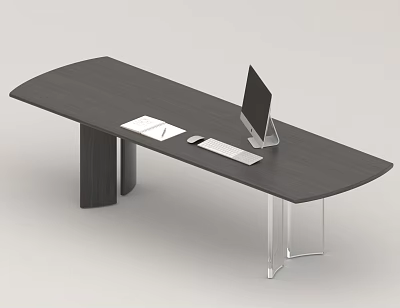Modern Office Desk With Curved Dark Wooden Surface Transparent Stand Monitor Keyboard Mouse And Documents 3d model