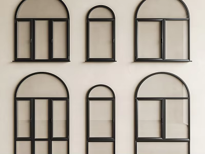 Black Framed Arched Windows Arranged As Wall Decor For Interior Design 3d model