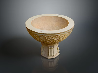 Intricately Carved Stone Bowl With Floral Patterns On Decorative Pedestal Base 3d model