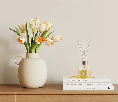 Beige Vase With Cream White Tulips And Reed Diffuser On Books Wooden Table 3d model