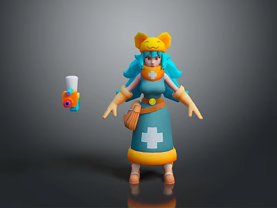3D Cartoon Game Character With Blue Hair Yellow Cat Ear Hat Blue Dress White Cross 3d model