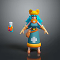 3D Cartoon Game Character With Blue Hair Yellow Cat Ear Hat Blue Dress White Cross