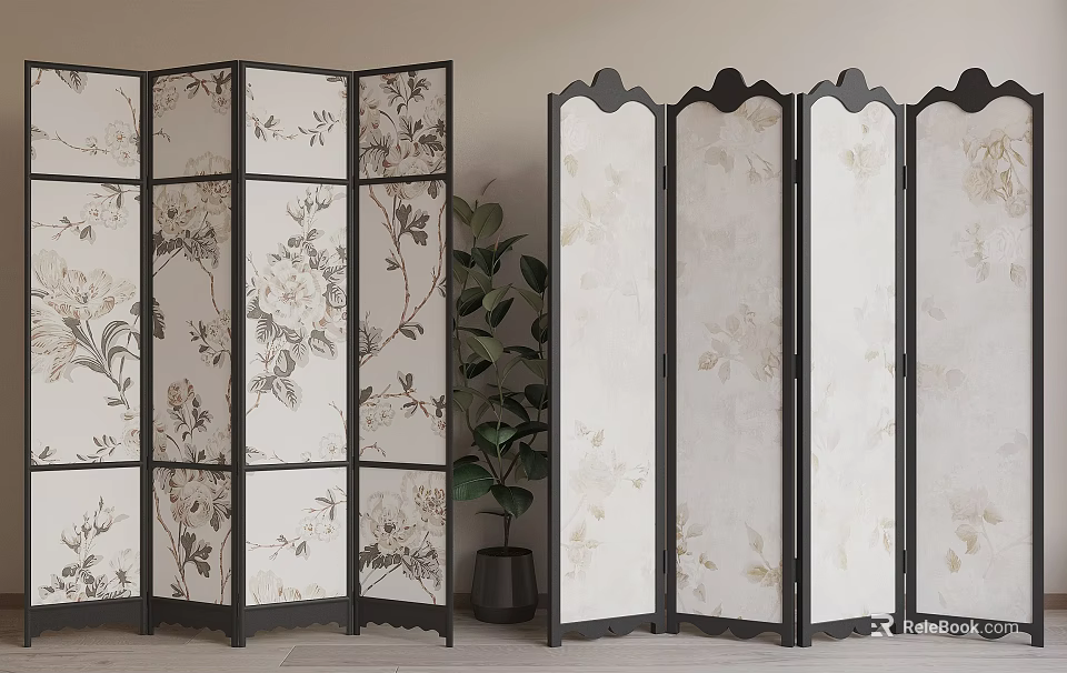 Traditional Floral Patterned Room Divider Screens With Decorative Black Frames Design 3d model