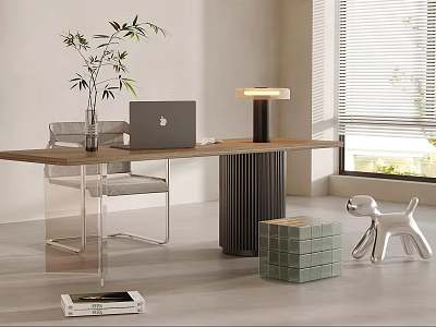 Modern Office Desk With MacBook Laptop Bamboo Plant Lamp Green Cube Silver Dog Figurine 3d model