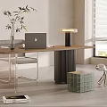 Modern Office Desk With MacBook Laptop Bamboo Plant Lamp Green Cube Silver Dog Figurine