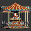 Illuminated Carousel Amusement Ride With Red White Striped Canopy Blue Gold Decorations And Pony Seats