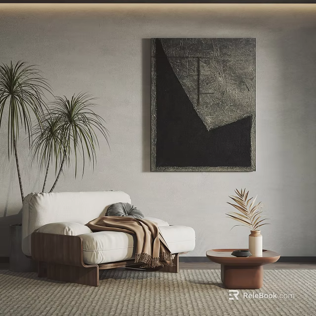 Comfortable White Single Sofa With Wooden Base Brown Blanket Small Coffee Table And Green Plants 3d model 