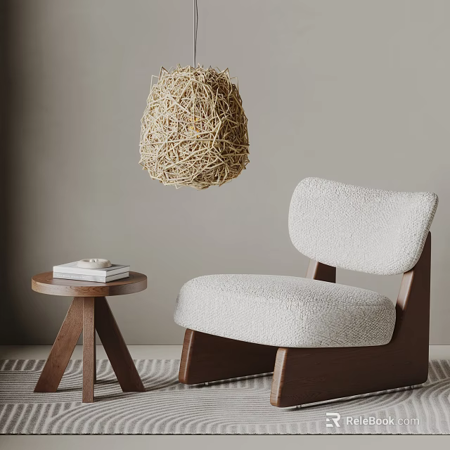 White Bouclé Lounge Chair With Wooden Frame Small Round Side Table And Woven Pendant Light 3d model 