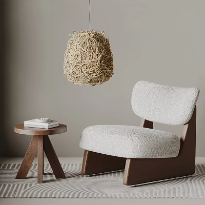 White Bouclé Lounge Chair With Wooden Frame Small Round Side Table And Woven Pendant Light 3d model