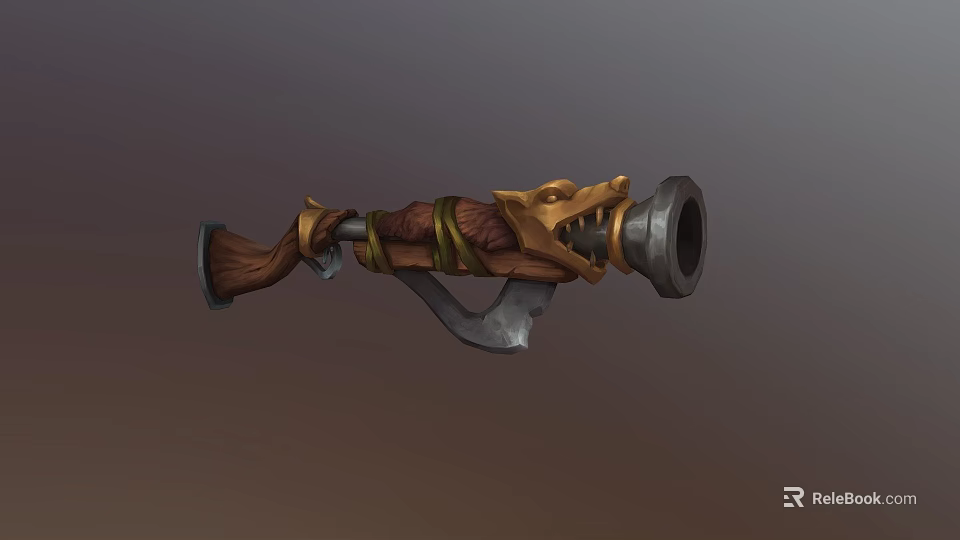 Wolf Head Designed Fantasy Weapon With Wooden Stock Metal Barrel And Golden Accents 3d model 