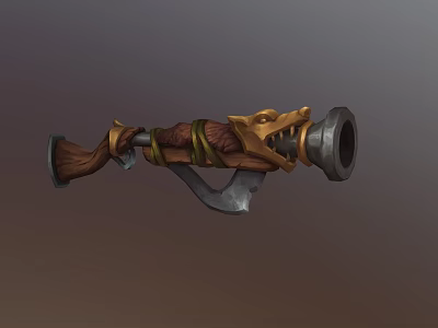 Wolf Head Designed Fantasy Weapon With Wooden Stock Metal Barrel And Golden Accents 3d model
