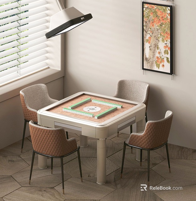 Mahjong Table and Chairs Set with Four Chairs Window and Wall Art 3d model 