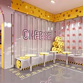 Cheese Themed Store Interior With Colorful Dots Wall Decor Display Shelves And Tables