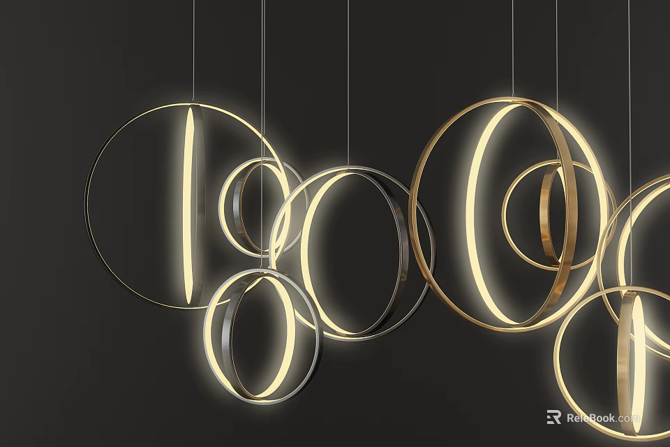 Modern Golden Circular Chandeliers with Glowing Rings and Multiple Designs 3d model 