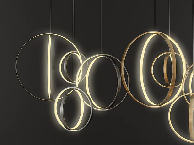 Modern Golden Circular Chandeliers with Glowing Rings and Multiple Designs 3d model