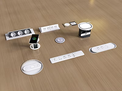 Modern Switch Panels With Various Designs Including White Round And Button Styles On Wooden Surface 3d model