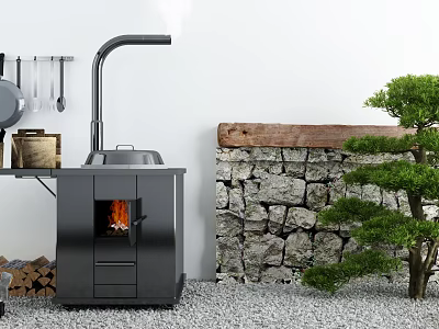 Rustic Kitchen Cabinets With Black Stove Stone Wall Firewood And Small Tree 3d model