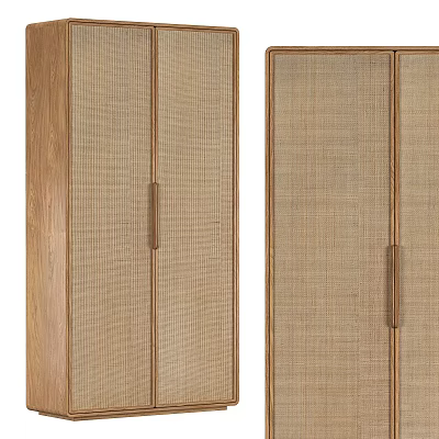 Natural Wooden Wardrobe With Woven Door Panel And Metal Handles Design Style 3d model