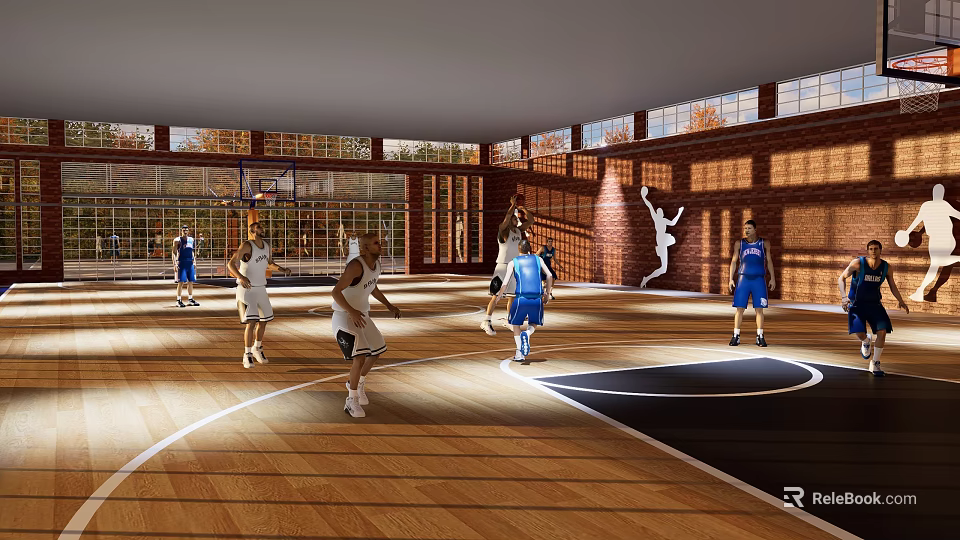 Basketball Gym With People Playing Basketball Wooden Floor Brick Walls And Large Windows 3d model 