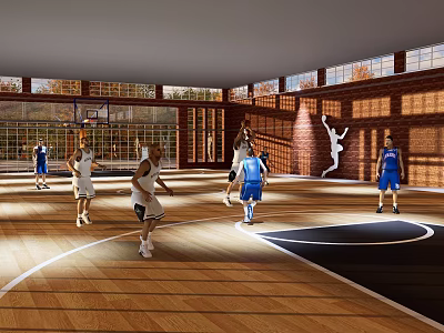 Basketball Gym With People Playing Basketball Wooden Floor Brick Walls And Large Windows 3d model