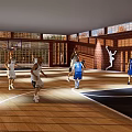 Basketball Gym With People Playing Basketball Wooden Floor Brick Walls And Large Windows