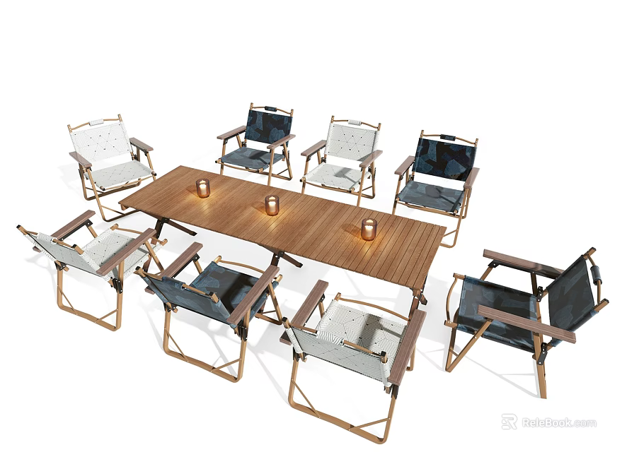 Dining Table And Chairs Set With Wooden Top Metal Frame Folding Chairs And Candles 3d model 