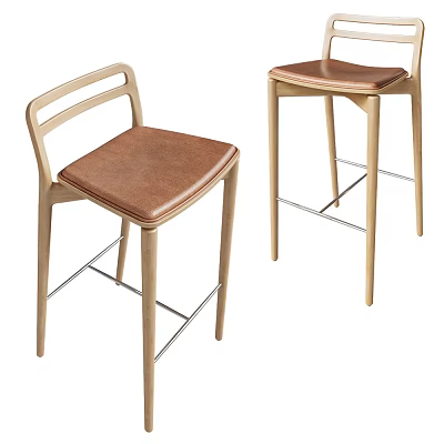 Modern Wooden Frame Bar Stools With Curved Backrest Leather Seat And Metal Crossbar 3d model