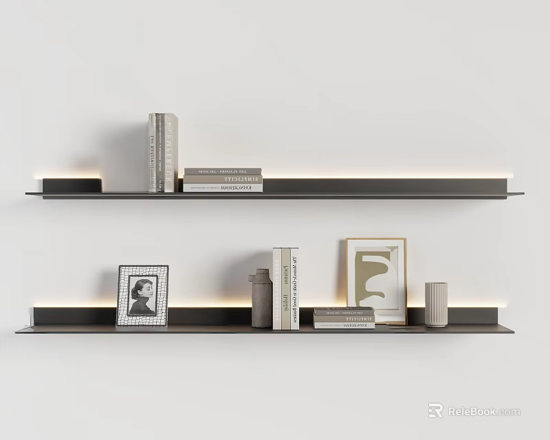 Modern Wall Mounted Shelving Unit with Books Photo Frame Decorative Items and Letter Decor 3d model 