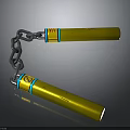 Yellow Martial Arts Nunchucks With Blue Red Accents And Metallic Chain Design