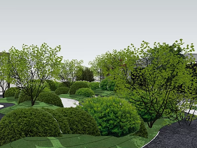 Serene Garden Landscape Design With Lush Green Trees And Trimmed Shrubs 3d model