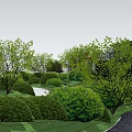 Serene Garden Landscape Design With Lush Green Trees And Trimmed Shrubs