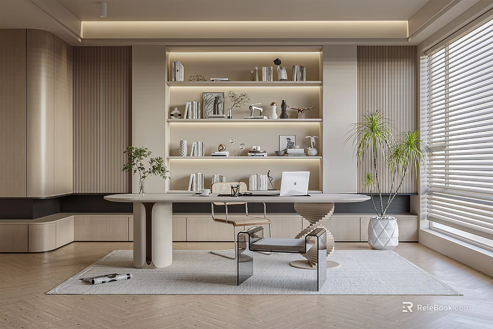 Modern Study Room Interior With Bookshelves Decor Items Laptop Table Chair Plants And Window Blinds 3d model 