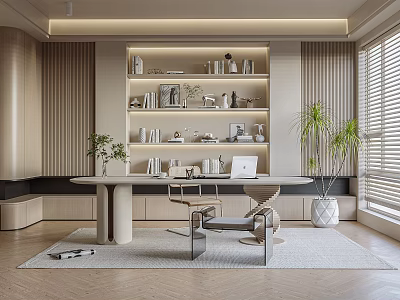 Modern Study Room Interior With Bookshelves Decor Items Laptop Table Chair Plants And Window Blinds 3d model