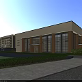 Modern Multi Story School Building with Central Courtyard Greenery Trees and People Walking