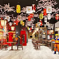 Japanese Restaurant Interior With Cherry Blossoms Lanterns Red Phone Booth Anime Posters And Bar Stools
