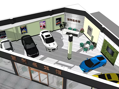 Car 4S Store Showroom With Multiple Vehicles And Customer Seating Area 3d model